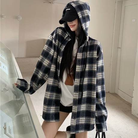 フード付き チェックシャツ パーカー チェック柄 シャツ ウールジャケット オーバーサイズ トップス 長袖 レトロ 韓国ファッション レディース 大人可愛い ガーリー DTC-841559294886