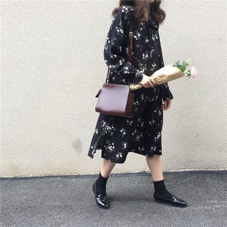レディース リボン 花柄ワンピース ロング丈 ボウタイ フェミニン 韓国ファッション オルチャン (DCT-575431180054)