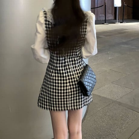 フェイクレイヤード ワンピース ドッキングワンピース  チェック柄 異素材 レース 長袖 レトロ 韓国ファッション レディース 大人可愛い ガーリー DTC-665329095387