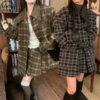 セットアップ チェック柄 フェイクウール ショートコート プリーツスカート レザーカラー 長袖 秋冬 レトロ  韓国ファッション レディース大人可愛い ガーリー DTC-746074971352