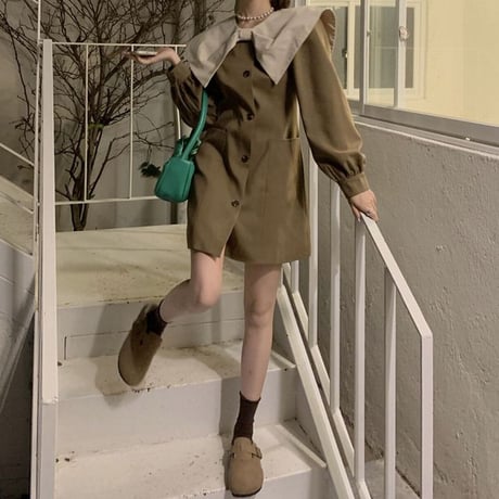 リボンカラー ワンピース 大きい襟 ボタン ハイウエスト Aライン 長袖 レトロ 韓国ファッション レディース 大人可愛い ガーリー フェミニン DTC-665388384909