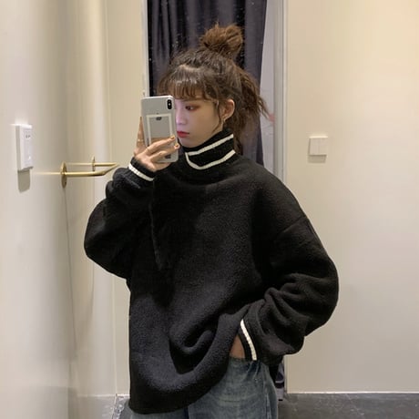 フリース トレーナー プルオーバー 韓国ファッション レディース ゆったり ハイネック トレーナー 体型カバー シンプル レトロ 春 秋 冬 大人カジュアル (DTC-605871158785)