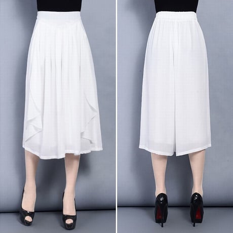 レディース レースフリル ワイドパンツ クロップドパンツ スカート風パンツ ガウチョ 韓国ファッション (DCT-588962570413_b)