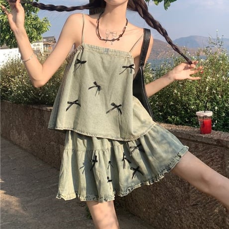 セットアップ 2点セット リボン デニム キャミソール トップス フレア ショートパンツ ウエストゴム レトロ 韓国ファッション レディース 大人可愛い ガーリー DTC-791440219044