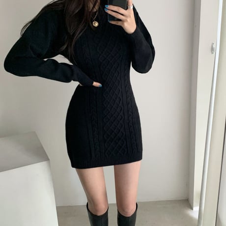 ニットワンピース 背中開き 背中見せ ツイスト編み ハイウエスト 韓国ファッション レディース ニット ワンピース 無地 大人可愛い ガーリー DTC-629490442432
