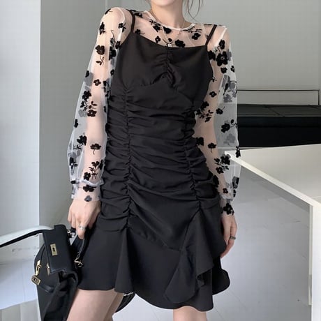 セットアップ 花柄 レーストップス キャミワンピース ギャザー ローズメッシュ ハイウエスト レトロ 韓国ファッション レディース 長袖 大人可愛い ガーリー DTC-673121230053