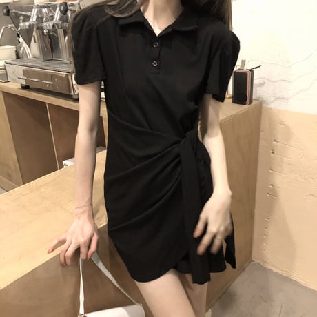 不規則デザイン ポロワンピース ウエストマーク 半袖 薄手 韓国ファッション レディース ワンピース ポロ襟 スポーツ 大人カジュアル ガーリー DTC-642284586570