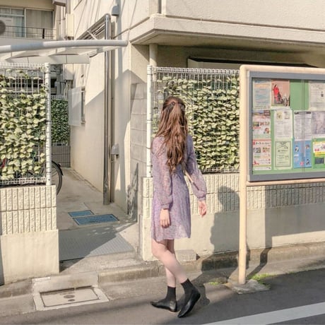 レディース フラワー ワンピース 花柄 フロントボタン レース レトロ ハイウエスト パープル イエロー 韓国 韓国ファッション (DTC-589545576079)