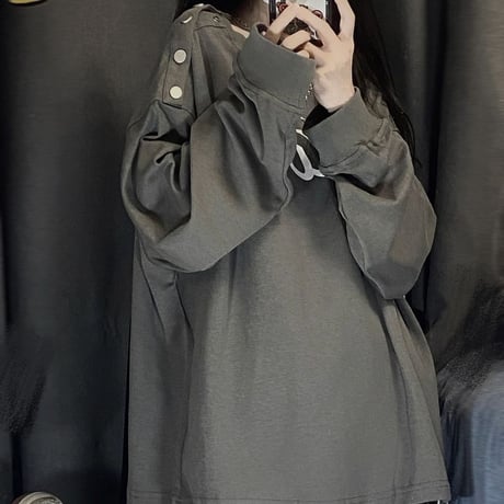 肩ボタン トップス オープンショルダー Tシャツ オーバーサイズ ルーズ 長袖 レトロ カジュアル 韓国ファッション レディース 韓国ストリートファッション DTC-679383214119