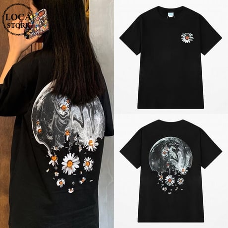 ユニセックス Tシャツ 半袖 ラウンドネック デイジープリント オーバーサイズ 韓国ファッション メンズ レディース 大きいサイズ ストリートファッション DTC-619619211600