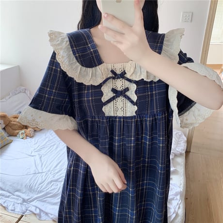 ルームウェア パジャマ セットアップ チェック柄 フリル トップス ショートパンツ 韓国ファッション レディース 上下セット 部屋着 ガーリー フェミニン DTC-639918013905_a
