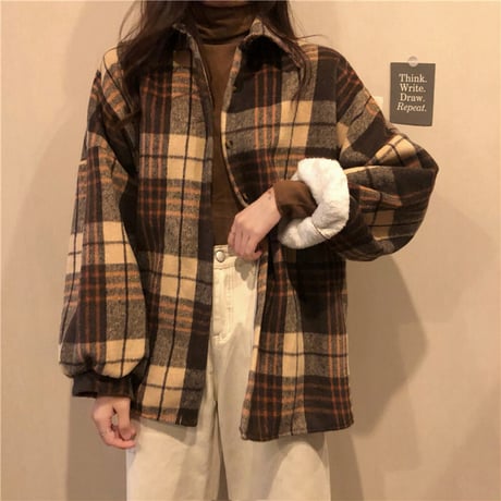 裏起毛 チェック柄 シャツ ジャケット アウター 厚手 暖かい チェックシャツ 長袖 ゆったり 韓国ファッション レディース 大人可愛い カジュアル レトロ DTC-658447529229