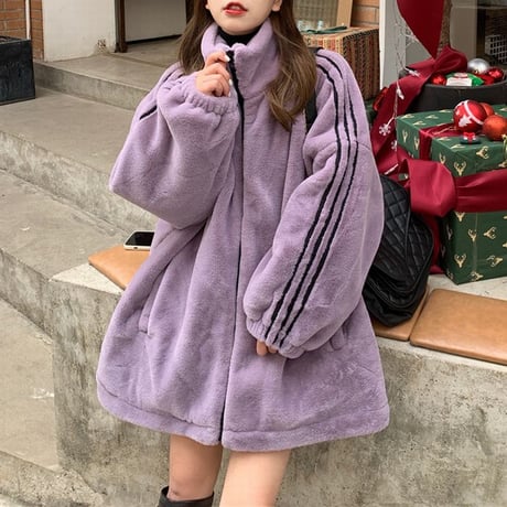 ボアジャケット ボアブルゾン 袖ライン もこもこ ゆったり ボア ラムウール ドロップショルダー ジップアップ 韓国ファッション レディース カジュアル ガーリー DTC-658093490430