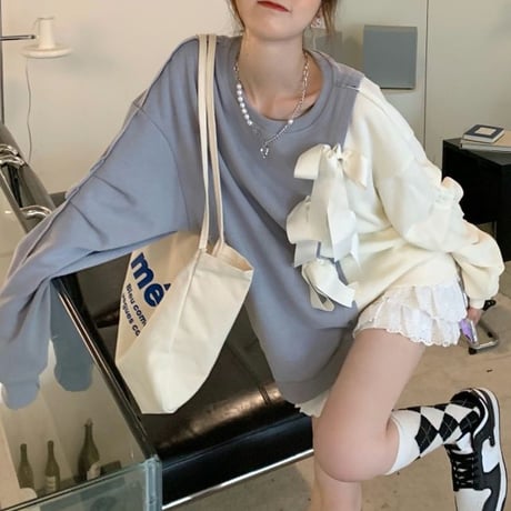 バイカラー リボン トレーナー トップス クルーネック ゆったり 不規則デザイン 長袖 レトロ 韓国ファッション レディース 大人可愛い ガーリー フェミニン DTC-655495373963