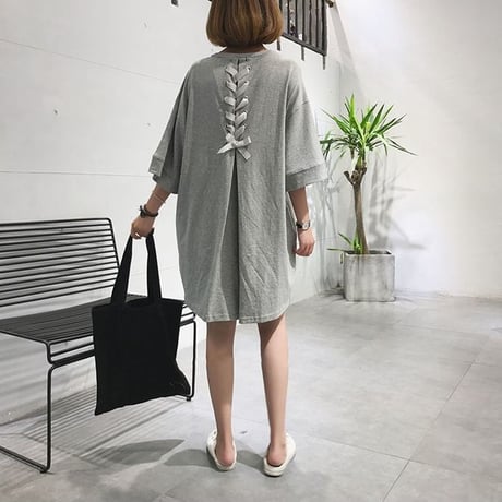 Tシャツワンピース レースアップ バックリボン ゆったり ルーズ チュニック 半袖 レトロ 韓国ファッション レディース 大人可愛い ガーリー DCT-556806546749