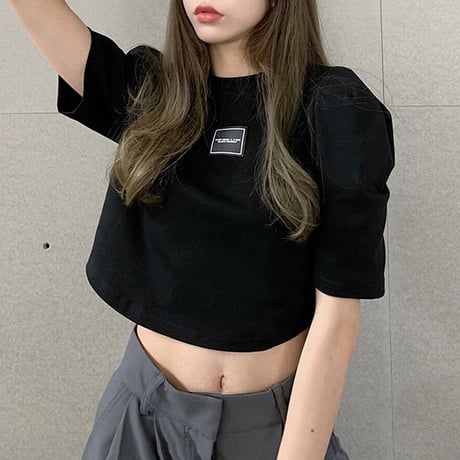 クロップド丈 Tシャツ へそ出し パフ袖 半袖 ラウンドネック ルーズ 韓国ファッション レディース ショート丈 トップス カットソー 夏 大人可愛い ガーリー DTC-641446398844