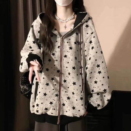 フーディー スター 星柄 ジップアップ パーカー トップス フード付き スウェット オーバーサイズ ゆったり 長袖 レトロ 大人可愛い ガーリー カジュアル DTCA-973274537522
