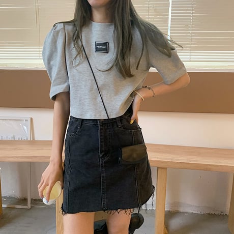クロップド丈 Tシャツ へそ出し パフ袖 半袖 ラウンドネック ルーズ 韓国ファッション レディース ショート丈 トップス カットソー 夏 大人可愛い ガーリー DTC-641446398844