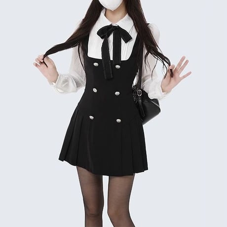 フェイクレイヤード ミニワンピース リボン シャツワンピース ウエストスリム フェイクツーピース ワンピース ハイウエスト 長袖 レトロ 大人可愛い ガーリー DTCA-764003403280