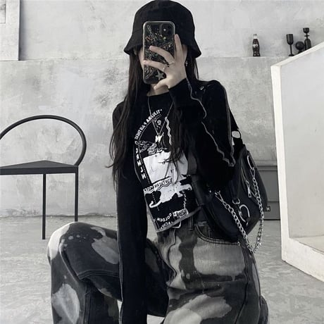 ロンT アシンメトリー ショート丈 スリムフィット 不規則デザイン アシメ tシャツ トップス 長袖 レトロ 大人可愛い ガーリー サブカル系 カジュアル DTCA-655976986014