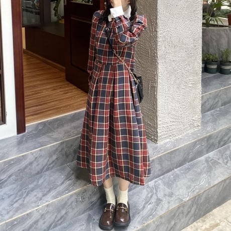 チェック柄 襟付き ワンピース 配色 ハイウエスト ロング丈 長袖 レトロ 韓国ファッション レディース 大人可愛い ガーリー DTC-661189634052