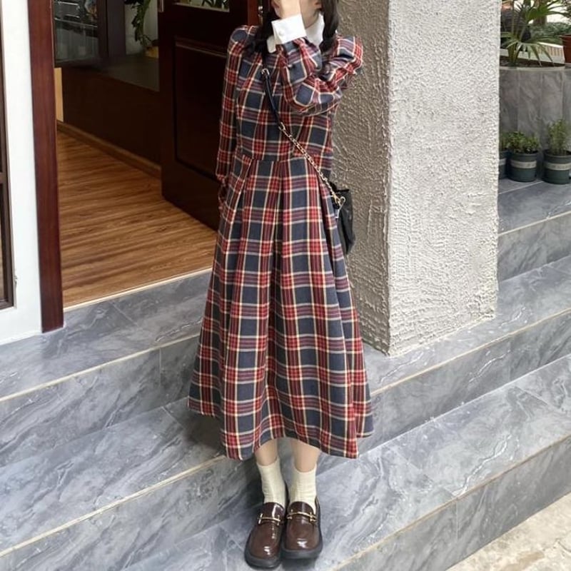 ワンピース レトロチェック 襟付き 長袖 Vネック 上品 S-XL 楽天市場】ドレス ワンピース レディース チェック柄 Vネック