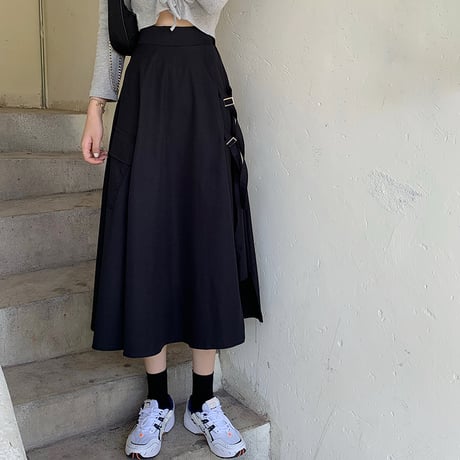 アシンメトリー スカート スプリットスカート 韓国ファッション レディース ロングスカート Aライン バックル ハイウエスト シンプル ガーリー DTC-622923112915