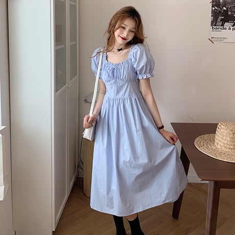 2WAY ワンピース スクエアネック オフショルダー ハイウエスト 半袖 韓国ファッション レディース オフショル パフ袖 薄手 大人可愛い ガーリーDTC-640266520620)