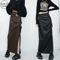 レザースカート スリット ギャザー ハイウエスト スリム ロングスカート Aライン フェイクレザー PU スカート レトロ 大人可愛い ガーリー DTCA-836026991450