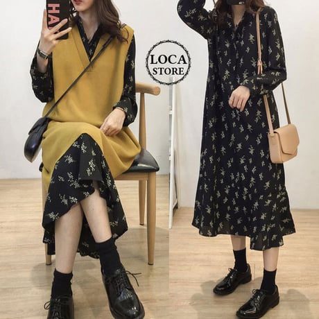 レディース ニットベスト ワンピース 2点セット 長袖ワンピース vネックニットベスト ロング丈 秋 冬 韓国 韓国ファッション (DTC-585403029763)