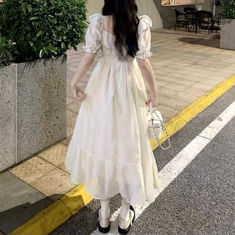 ワンピース 半袖 パフスリーブ ロング丈 Aライン 大人可愛い 2色 ワンピース レディース 半袖 バルーン パフスリーブ Aライン