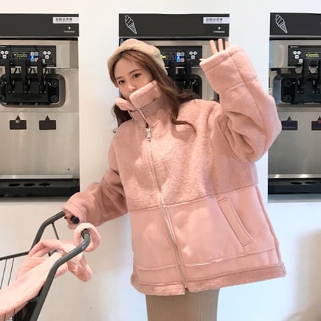 ボアブルゾン ジップアップ 韓国 ファッション レディース ボアジャケット もこもこ ボア ベルト ドロップショルダー オーバーサイズ (DTC-606104703290)