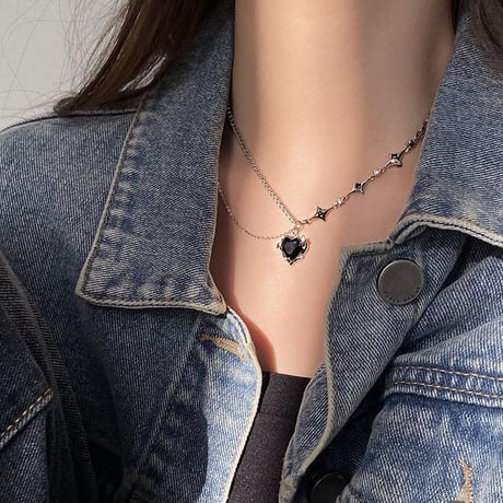 ブラックハート ネックレス 2連 チェーン ハートモチーフ スター ペンダント レディース アクセサリー 合金 DTC-688997188094