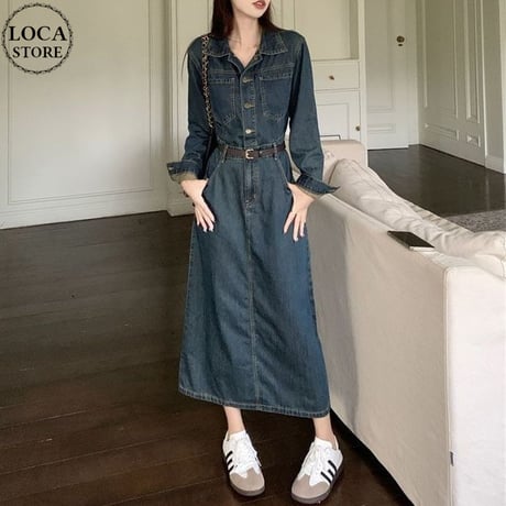 デニム ワンピース 襟付き ハイウエスト ロングワンピース ウエストマーク Aライン 長袖 レトロ 大人可愛い ガーリー カジュアル DTCA-970921557922