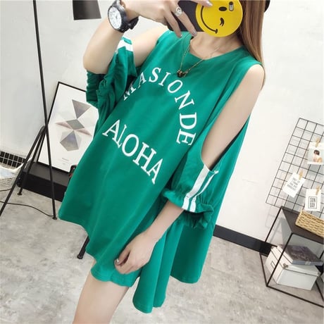 レディース ゆったり 肩出し 肩開き Tシャツ 半袖 チュニック オフショルダー 韓国ファッション オルチャン (DCT-676336915183)