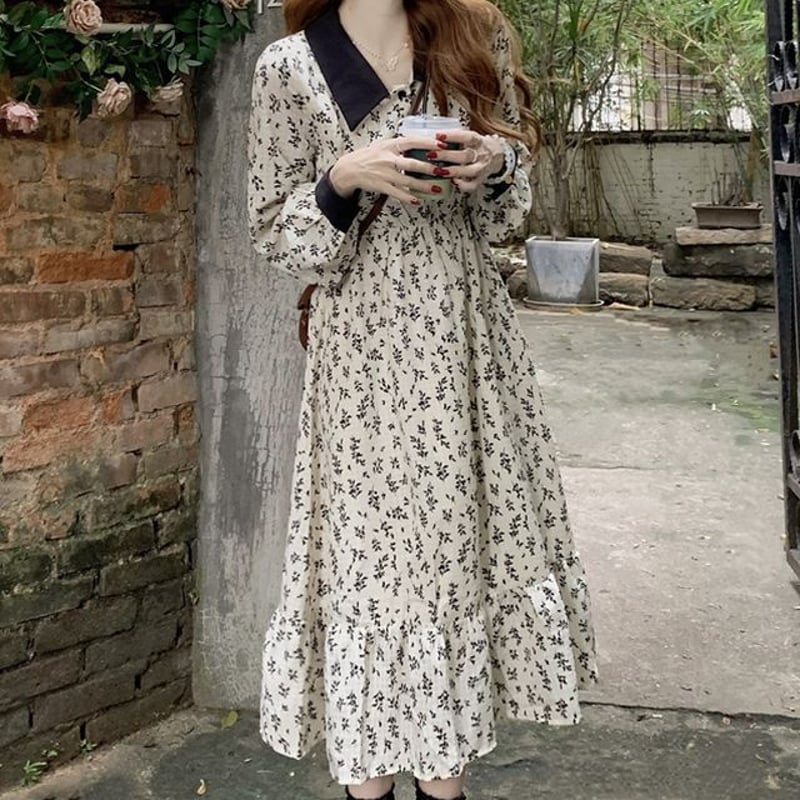襟付き 花柄ワンピース ロング丈 伸縮性ウエスト ハイウエスト 長袖