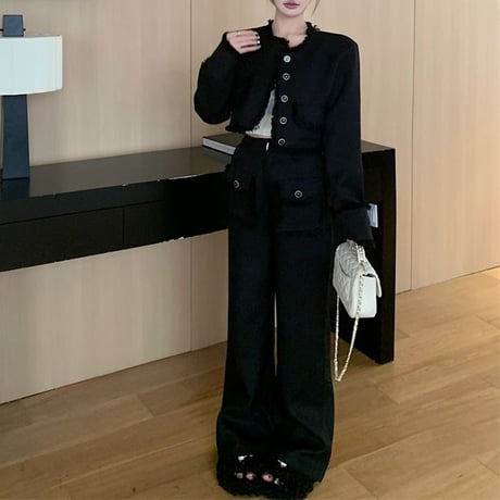 セットアップ ショートジャケット ワイドパンツ フリンジ タッセル ノーカラージャケット ハイウエスト レトロ 韓国ファッション レディース 大人可愛い ガーリー DTC-766276677738