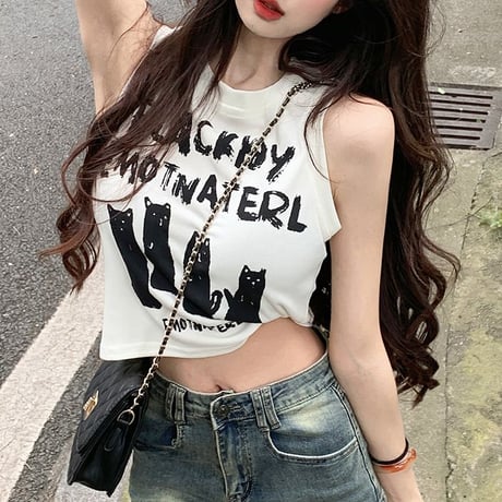 ノースリーブ トップス 猫プリント タンクトップ ショート丈 クルーネック レトロ 韓国ファッション レディース 大人可愛い ガーリー DTC-722252930833