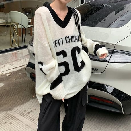 ニット トップス Vネック オーバーサイズ ドロップショルダー ルーズ 長袖 レトロ 韓国ファッション レディース 大人可愛い ガーリー スポーツミックス DTC-824100434464