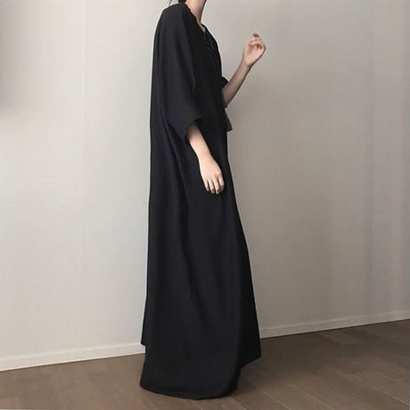レディース Vネック ロングワンピース ブラック  シフォンマキシ丈 シンプル ゆったり マタニティー 韓国ファッション (DCT-588754300745)