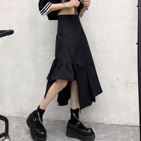 不規則デザイン スカート アシンメトリー ハイウエスト 韓国ファッション レディース アシメ ブラック 変形 レトロ 大人可愛い ガーリー 暗黒系 DTC-622729931082