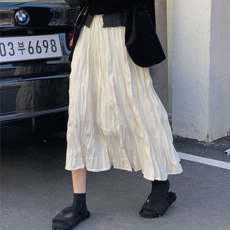 プリーツスカート ハイウエスト ロング丈 Aラインスカート フレアスカート ウエストゴム レトロ 韓国ファッション レディース 大人可愛い ガーリー フェミニン DTC-661833506858