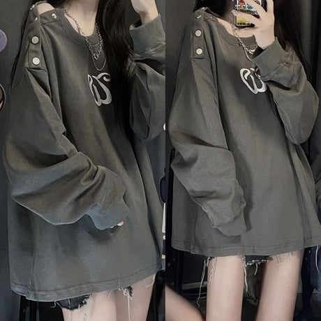 肩ボタン トップス オープンショルダー Tシャツ オーバーサイズ ルーズ 長袖 レトロ カジュアル 韓国ファッション レディース 韓国ストリートファッション DTC-679383214119