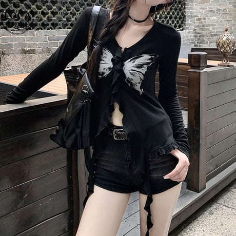 トップス 長袖 バタフライ プリント 不規則デザイン Vネック フリル リボン スリムフィット Tシャツ レトロ 韓国ファッション レディース 大人可愛い ガーリー DTCA-828604186140