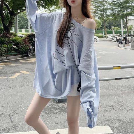 シアートップス ロンT ロゴプリント オーバーサイズ  ゆったり トップス tシャツ 冷房対策 紫外線対策 長袖 レトロ 大人可愛い ガーリー カジュアル DTCA-870596164404