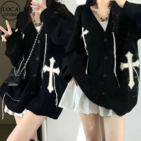 ユニセックス ニット カーディガン クロスデザイン Vネック オーバーサイズ 長袖 カジュアル 韓国ファッション メンズ レディース 韓国ストリートファッション DACA-816581739227