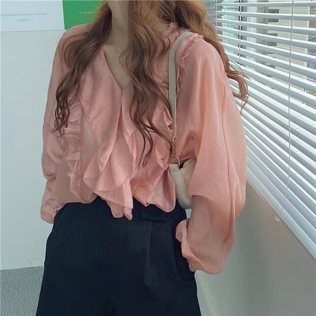 フリル ブラウス Vネック 長袖 韓国ファッション レディース トップス ゆったり カットソー 大人可愛い ガーリー DTC-623229289562