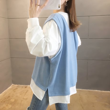 フェイクレイヤード トップス ベスト ドッキング ラウンドネック ルーズ 韓国ファッション レディース ゆったり 体型カバー 大人可愛い ガーリー DTC-624754370918