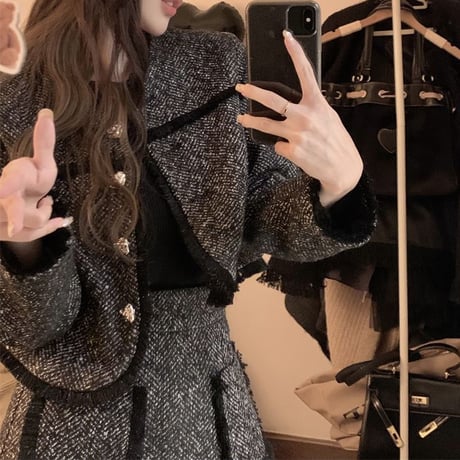セットアップ ツイード ショートジャケット ミニスカート 上下セット 長袖 ハイウエスト レトロ 韓国ファッション レディース 大人可愛い ガーリー DTC-688545651558