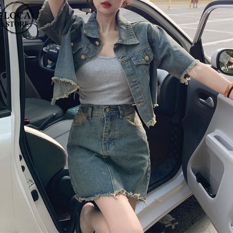 セットアップ デニム ショートジャケット デニムスカート 半袖 クラッシュ加工 ハイウエスト レトロ 韓国ファッション レディース 大人可愛い ガーリー カジュアル DTC-712073274873